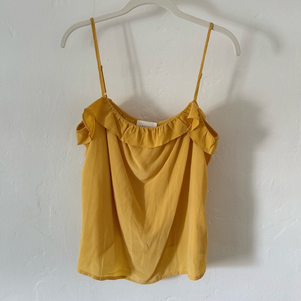 SÉZANE TOP CYRILLE. Yellow Ruffled Spaghetti Strap Silk Top